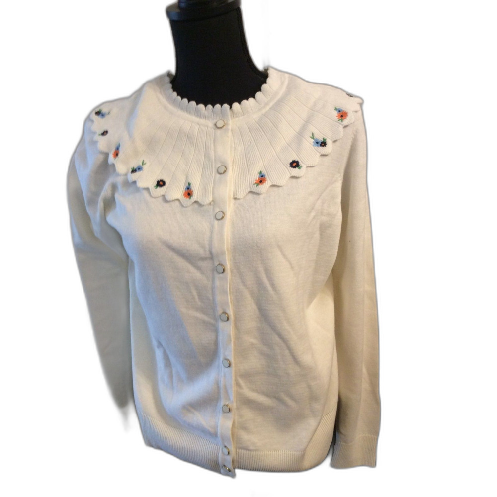 New Retro Style Cottagecore Granny Core Floral Embroidered Scalloped Cardigan L